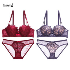 Six rabbits, lingerie set, lace bra, no trace, thick lace, small breasts, poly side, bra big red Red + gray purple 38=85AB (pass cup)