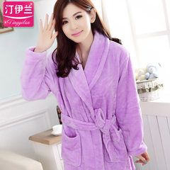 A couple of thick flannel gown bathrobe and men's and women's autumn and winter Coral Fleece Pajamas female cotton long sleeved winter 160 (M) Pure female models - purple robe