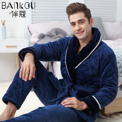 Winter coral fleece flannel pajamas female male suit gown lovely couple thick winter cotton padded clothes with cashmere Home Furnishing S dark blue