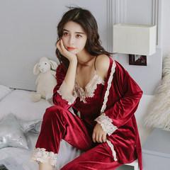 Female sexy lace flannel pajamas and suspenders trousers robe three piece suit Home Furnishing jinsirong M Claret