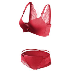 Qian cable no trace no rims bra set small chest girl slim sexy lace gather summer beauty underwear Bright red 80B=36B [upper, lower and thick]