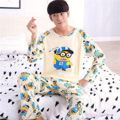 Long sleeve men's pure cotton pajamas, cartoon big boy student men's suite 100% cotton youth home wear in spring and autumn season Small code M (160 high 100 Jin inside) Long sleeve cotton small yellow man
