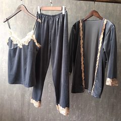 A set of three female winter pajamas velvet lace dress suspenders cardigan sweet Korean thickened Home Furnishing Robe M Smoke grey (model color)