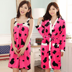 Autumn and winter women's pajamas bathrobe Nightgown sexy nightgown coral fleece flannel sleeves two suit Home Furnishing. Avoid the peak of logistics 104 rose red robe [+] sling
