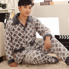 Men's flannel big size pajamas, autumn and Winter Youth long sleeves thickening coral velvet home wear, pure cotton wear 3XL (160-180 Jin wears) Gray grid thick money