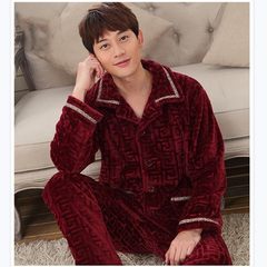 Men's flannel big size pajamas, autumn and Winter Youth long sleeves thickening coral velvet home wear, pure cotton wear 3XL (160-180 Jin wears) Jujube red