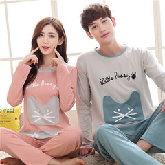 Lovers' pajamas, autumn long sleeves, pure cotton women's edition, autumn and winter men's big code, sweet and lovely home clothes, spring and autumn suits Female XL sends male XXL Pocket cat