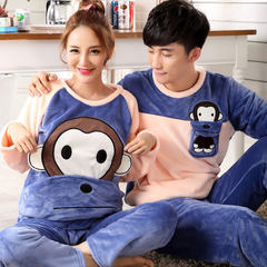 Men's pajamas, autumn and winter coral velvet thickening, cashmere flannel pajamas, men's long sleeve home suit Female XL [110-130 Jin] Big eared monkey