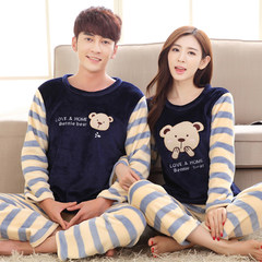 Men's pajamas, autumn and winter coral velvet thickening, cashmere flannel pajamas, men's long sleeve home suit Female XL [110-130 Jin] Striped bear