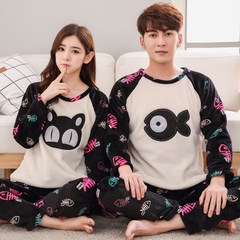Men's pajamas, autumn and winter coral velvet thickening, cashmere flannel pajamas, men's long sleeve home suit Female XL [110-130 Jin] Cats eat fish