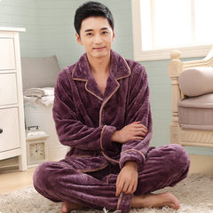 Autumn winter youth pajamas man thickening coral velvet, spring autumn flannel long sleeve and cashmere home wear thin man Extra large (195-230 Jin) 1637 purple