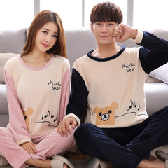 Autumn winter couple pajamas coral thickening lady winter cartoon home wear men's casual long sleeved suit Cashmere: male XL code Music bear