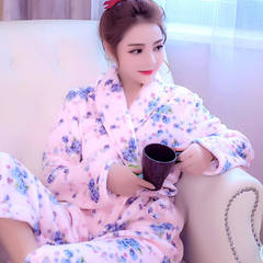 A couple of female long sleeved flannel bathrobe nightgown and winter pajamas men thickening coral fleece size Home Furnishing. 160 (M) Female orchid