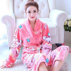A couple of female long sleeved flannel bathrobe nightgown and winter pajamas men thickening coral fleece size Home Furnishing. 160 (M) Watermelon Red