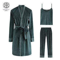 Korean version 2017 new style autumn and winter sexy long-sleeve pajamas women condole belt robe suit velvet home wear three-piece suit of uniform size green