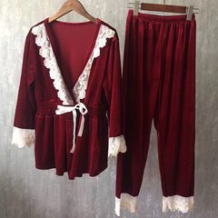 Korean winter pajamas female cashmere cardigan velvet lace Nightgown Korean winter velvet suit sweet thick M Red wine
