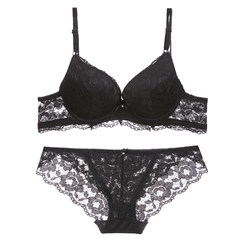Lace bra set to gather V soft rim Fashion Pendant under the thin thickness of girls' underwear summer cup breathable black suit 80B/36B