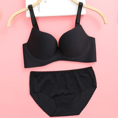 A piece of no trace underwear set, female bra without steel ring gather sexy small chest support girl bra adjustment type Black (suit) 34/75C [thin section]