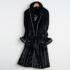 Ms. Qiu Dong flannel pajamas coral fleece bathrobe Nightgown Pajamas long sleeved women thickened in the long section M Men's money - Black