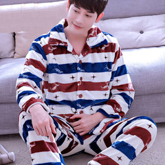 Coral Fleece Pajamas male winter with winter, winter men's cashmere flannel suit Home Furnishing color XL (131-140 Jin) Zebra stripes - cardigan