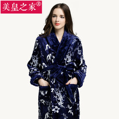 In autumn and winter and warm thick flannel Nightgown Pajamas couple coral fleece bathrobe bathrobe Clubman size 160 (S) -156cm below Bamboo leaves painting blue woman