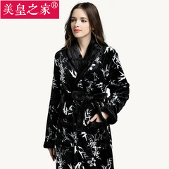 In autumn and winter and warm thick flannel Nightgown Pajamas couple coral fleece bathrobe bathrobe Clubman size 160 (S) -156cm below Black bamboo painting - Black - female