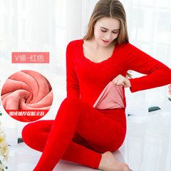 Thermal underwear lady with velvet body tight long johns suit cotton cotton sweaters in winter Collection Plus send socks V collar scarlet