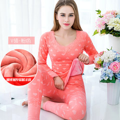 Thermal underwear lady with velvet body tight long johns suit cotton cotton sweaters in winter Collection Plus send socks V collar Pink
