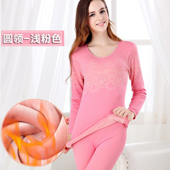 Thermal underwear lady with velvet body tight long johns suit cotton cotton sweaters in winter Collection Plus send socks Round neck - light pink