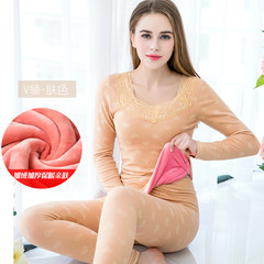 Thermal underwear lady with velvet body tight long johns suit cotton cotton sweaters in winter Collection Plus send socks V collar - Complexion