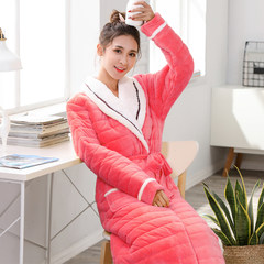 Winter coral fleece quilted robe thickened couple lady sweet warm babe cashmere long robe Korean men 170 (L) 7318 watermelon red