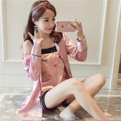 Pyjamas women 3 suit spring/summer long sleeve silk robe shorts with ice silk suspenders sexy Korean version of home wear S pink