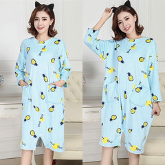 Special offer every day in autumn and winter long sleeved loose big Korean Nightgown Pajamas long code thin cashmere casual velvet Island Robe L (Kuan Song) YA8818 blue pineapple