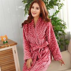 The new autumn and winter color thickening flannel gown bathrobe pajamas bathrobe lengthened male female Home Furnishing coral fleece clothing 170 (L) Rose dot