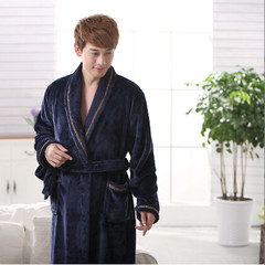 The new autumn and winter color thickening flannel gown bathrobe pajamas bathrobe lengthened male female Home Furnishing coral fleece clothing 170 (L) Tibet Navy
