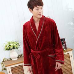 The new autumn and winter color thickening flannel gown bathrobe pajamas bathrobe lengthened male female Home Furnishing coral fleece clothing 170 (L) Male red wine