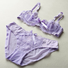 Summer thin transparent gauze lace bra sponge thin cup hollow sexy lingerie female suits size Violet 80C