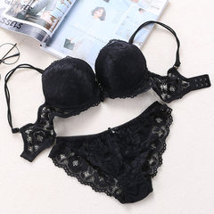 Europe and the United States girls bra sets, Lace Sexy pick up temptation, thickening cup, small chest underwear, autumn and winter Black bra + underwear 80/36A has steel ring