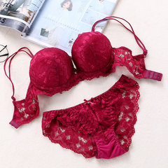 Europe and the United States girls bra sets, Lace Sexy pick up temptation, thickening cup, small chest underwear, autumn and winter Wine red bra + underwear 80/36A has steel ring