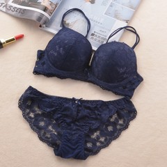 Europe and the United States girls bra sets, Lace Sexy pick up temptation, thickening cup, small chest underwear, autumn and winter Blue bra + underwear 80/36A has steel ring