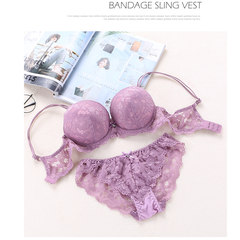 Europe and the United States girls bra sets, Lace Sexy pick up temptation, thickening cup, small chest underwear, autumn and winter Violet bra + underwear 80/36A has steel ring