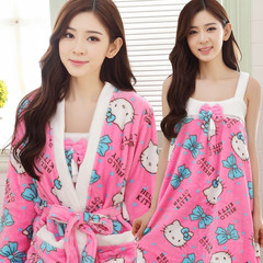 Coral velvet robe thick flannel pajamas cute sexy girls winter bathrobe nightdress two piece suit Home Furnishing XL code [recommendation 115-130 weight] Pink, pink, KT cat