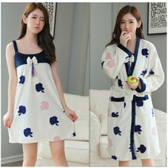 Thickened Coral Fleece Pajamas female autumn winter Nightgown cute cartoon flannel gown two piece suit Home Furnishing bathrobe Two sets of discount 5 yuan, photographed gift freight insurance Two sets of Apple blue robe