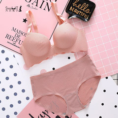 Six rabbits, a piece of girl without steel hoop bra, together with a thin bra under the waist, ladies seamless underwear set Pink Stripe 32=70AB universal cup (upper, lower, thin, thick)