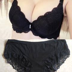 Underwear bra set together adjustment lady V thick sexy deep chest bra accessory small collection Black thick cup 36C/80C