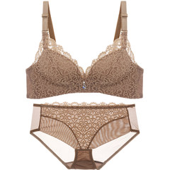 Gepa winter comfort women sexy lace underwear set no rims thick small chest to gather the bra Cream Brown 32=70AB general purpose