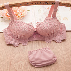 Japanese sexy lace embroidery bra suit the female small chest flat chested gather close Furu adjustable underwear thickness Pink suit 70A