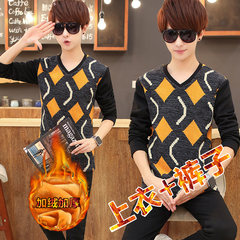 Men's suits, underwear and cashmere cashmere long johns V thick gold collar youth backing cotton sweater M Orange Plaid