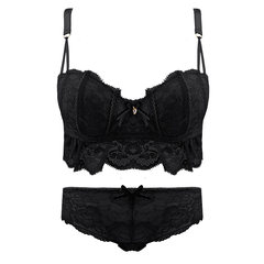 1/2 half cup lace girl underwear bra set, small chest gathered sexy thickening adjustment bra black 70A