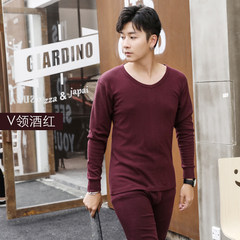 Red cotton long johns men's shirt pants thin cotton T-shirt young spring thermal underwear sets 180/XXL pure cotton fabric 7265 V collar wine red
